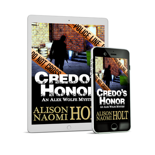 Ipad showing the Cover of the murder mystery, Credo's Honor by Sapphic fiction author Alison Naomi Holt showing a sillhouette of a man in a dark alley holding a gun standing next to a green dumpster with police line do not cross