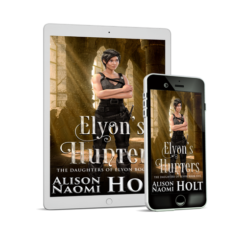 Cover of Sapphic Epic Fantasy Elyon's Hunters by Sapphic fiction author Alison Naomi Holt has a yellow interior cathedral with a warrior women in the foreground wearing a sword and wearing black uniform