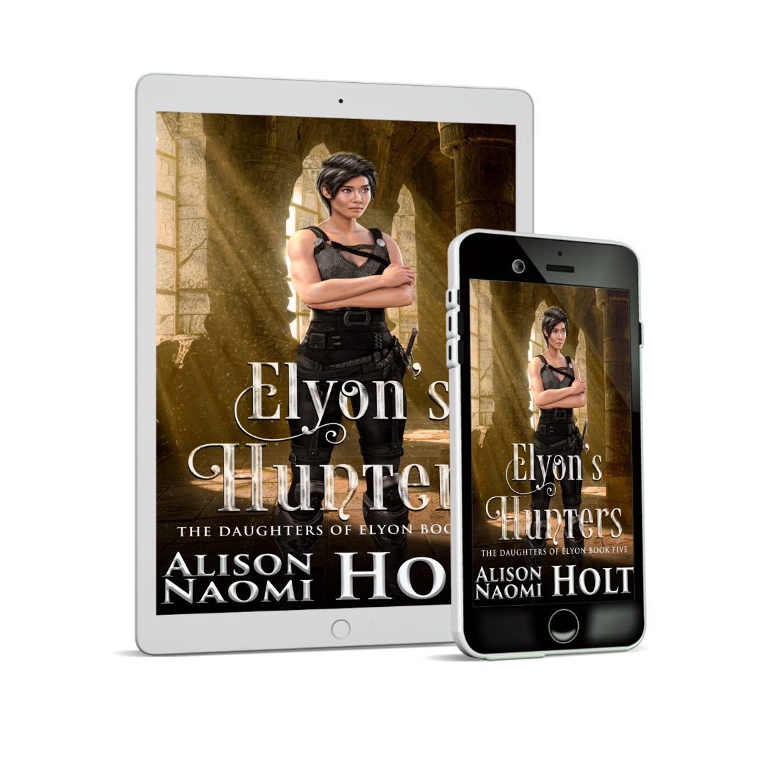 Cover of Sapphic Epic Fantasy Elyon's Hunters by Sapphic fiction author Alison Naomi Holt has a yellow interior cathedral with a warrior women in the foreground wearing a sword and wearing black uniform