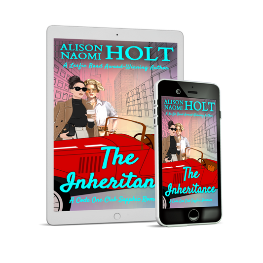 An Ipad with the cover of The Inheritance,  a novel in the Sapphic Romance series, The Code One Club, written by Sapphic fiction author Alison Naomi Holt featuring two women standing side by side in New York behind a red vintage car