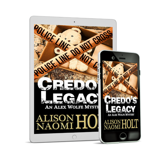 Ipad showing cover of Murder mystery Credo's Legacy written by Sapphic fiction author Alison Naomi Holt with police tape crossed over a box with a Teddy Bear