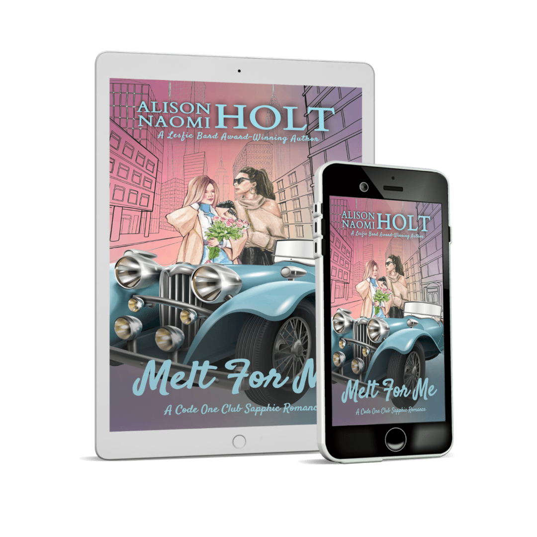 Tablet and smartphone displaying the cover of 'Melt For Me' by Alison Naomi Holt on a white background.