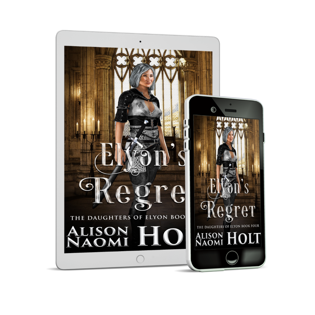 Cover of Sapphic Epic Fantasy Elyon's regret by Sapphic fiction author Alison Naomi Holt has a yellow interior cathedral with a warrior women in the foreground wearing a sword and wearing black uniform