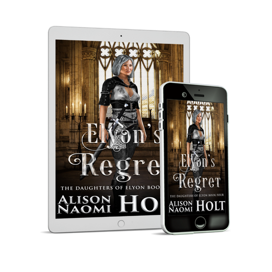 Cover of Sapphic Epic Fantasy Elyon's regret by Sapphic fiction author Alison Naomi Holt has a yellow interior cathedral with a warrior women in the foreground wearing a sword and wearing black uniform