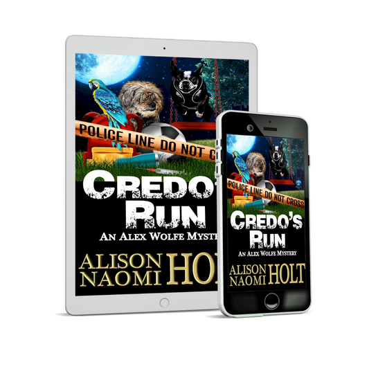 An Ipad with the cover of Credo's Run,  a novel in the Alex Wolfe Mystery series  written by Sapphic fiction author Alison Naomi Holt featuring a two dogs and a parrot on a playground with a police do not cross tape across the picture