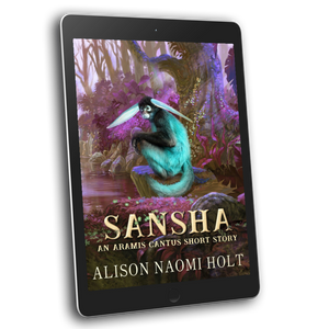 Cover of fantasy novel Sansha  with the title and the sapphic author's name, Alison Naomi Holt with a green monkey-like creature with huge ears sitting in a swamp